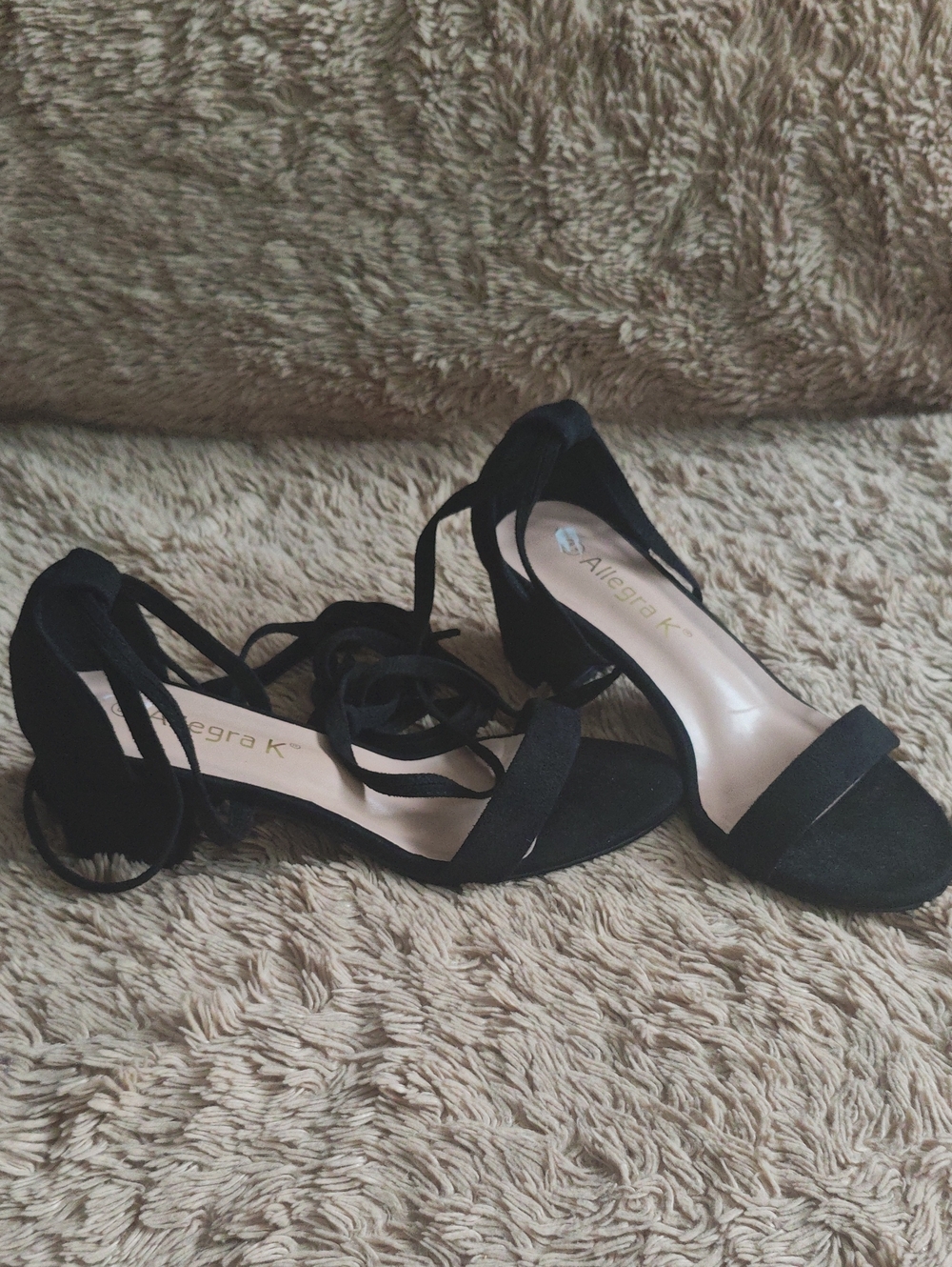 Allegra K Black Suede Wrap-Ankle Open-Toe Heels